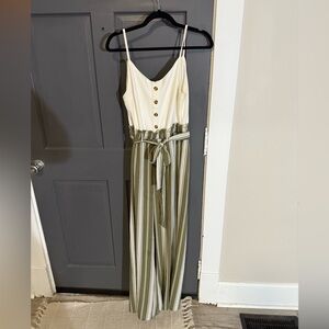 Blue Rain Olive & Cream Button-Front Striped Jumpsuit